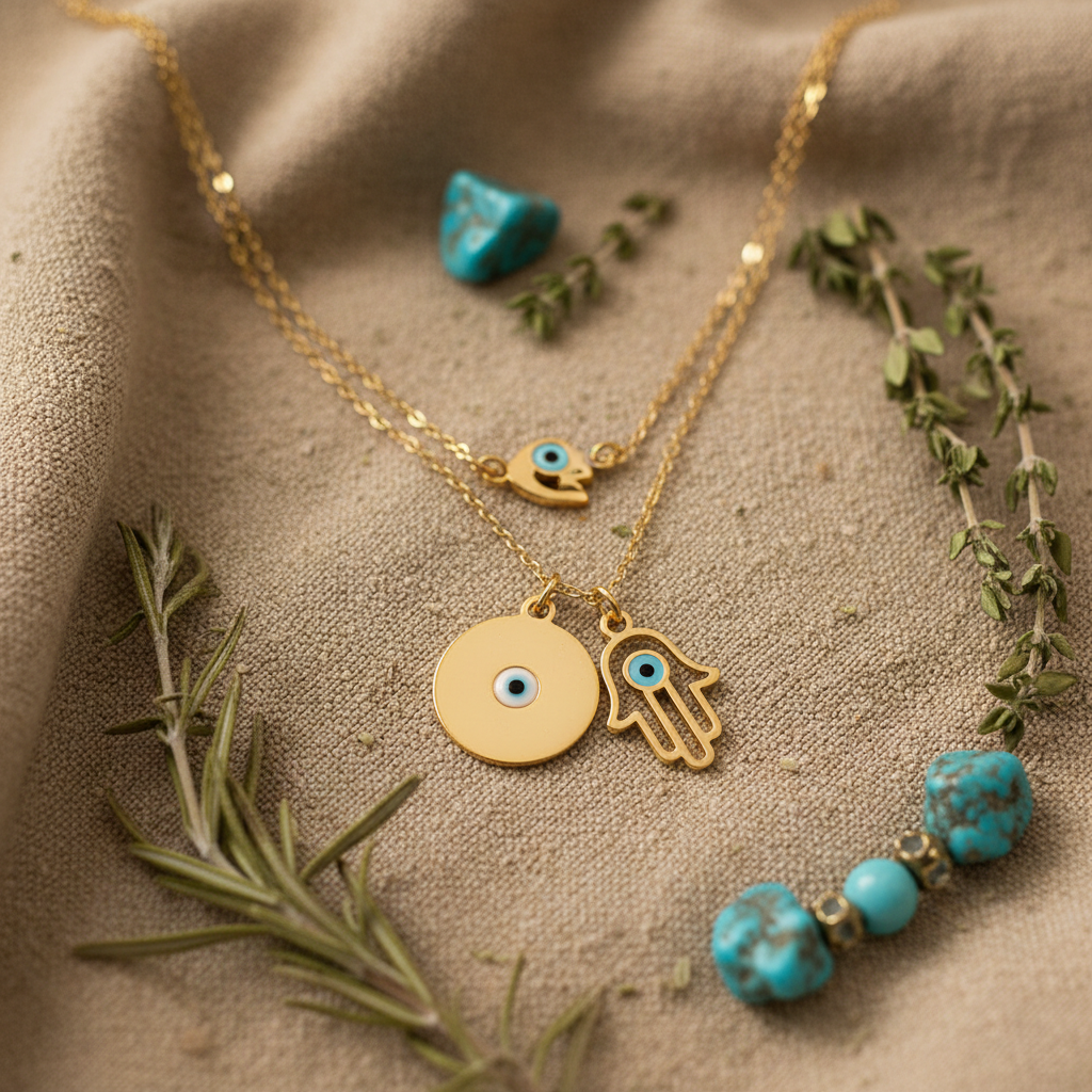 Gold evil eye and hamsa charm necklace on linen with turquoise stones and dried herbs