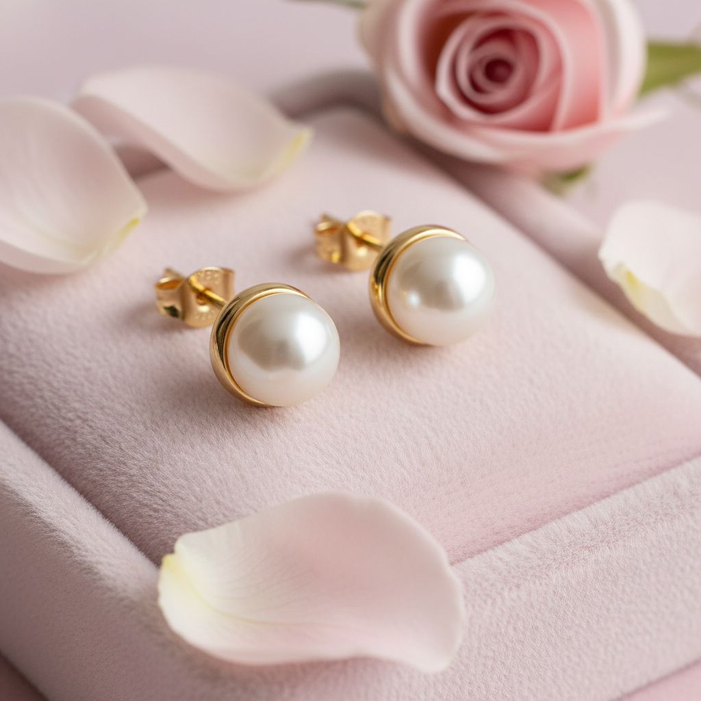Freshwater pearl stud earrings in 14kt gold on pink velvet with rose petals