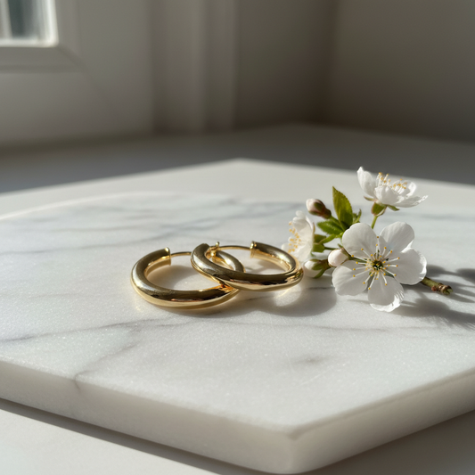 14kt gold hoop earrings on white marble with delicate white flowers
