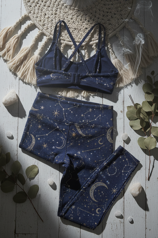 Moonrise Movement Bralette & Legging - Celestial midnight blue bohemian activewear set