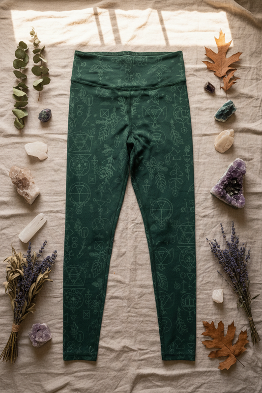 Sacred Grove Legging - Forest green bohemian yoga legging with sacred geometry print